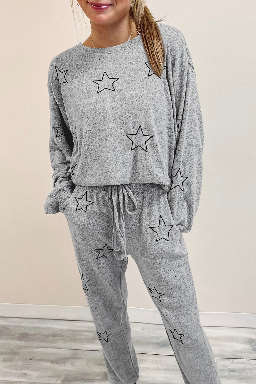 Grey Stars Print Long Sleeve Drawstring High Waist Lounge Set