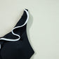 Black Color Contrast Ruffled Wrap V Neck Swimsuit