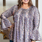 Purple Floral Print Round Neck Plus Size Babydoll Blouse