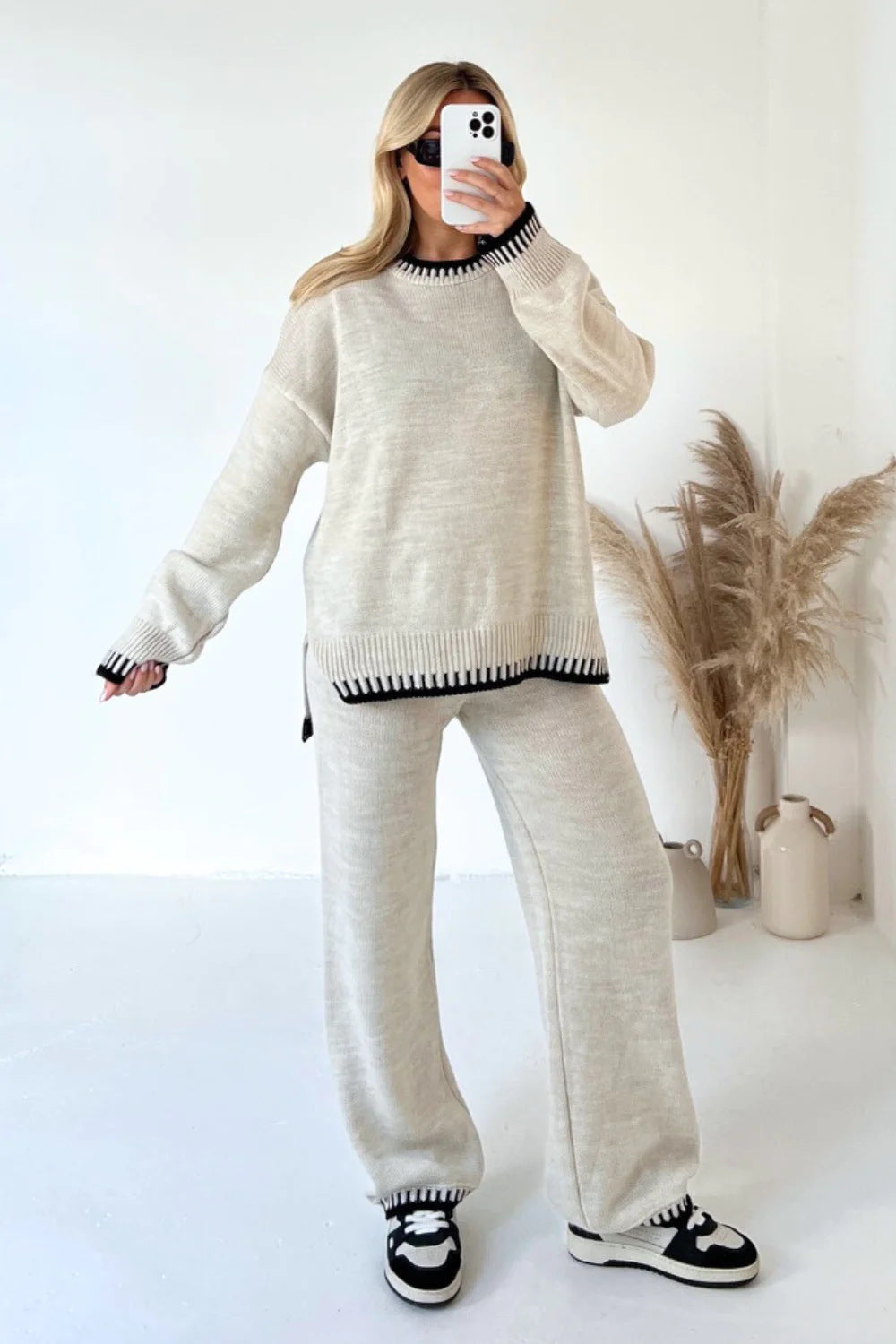 Women's Co-ords Knit Pullover Split Long-sleeved Top And Loose Straight Trousers Two-piece Set