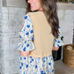 Beige Waffle Floral Patchwork Short Flounce Sleeve Peplum Blouse