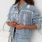 Sky Blue Sequin Embellished Fringe Distressed Denim Jacket