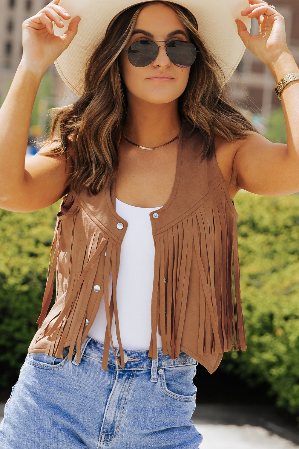 Camel Fringed Snap Button Front Suedette Sleeveless Jacket