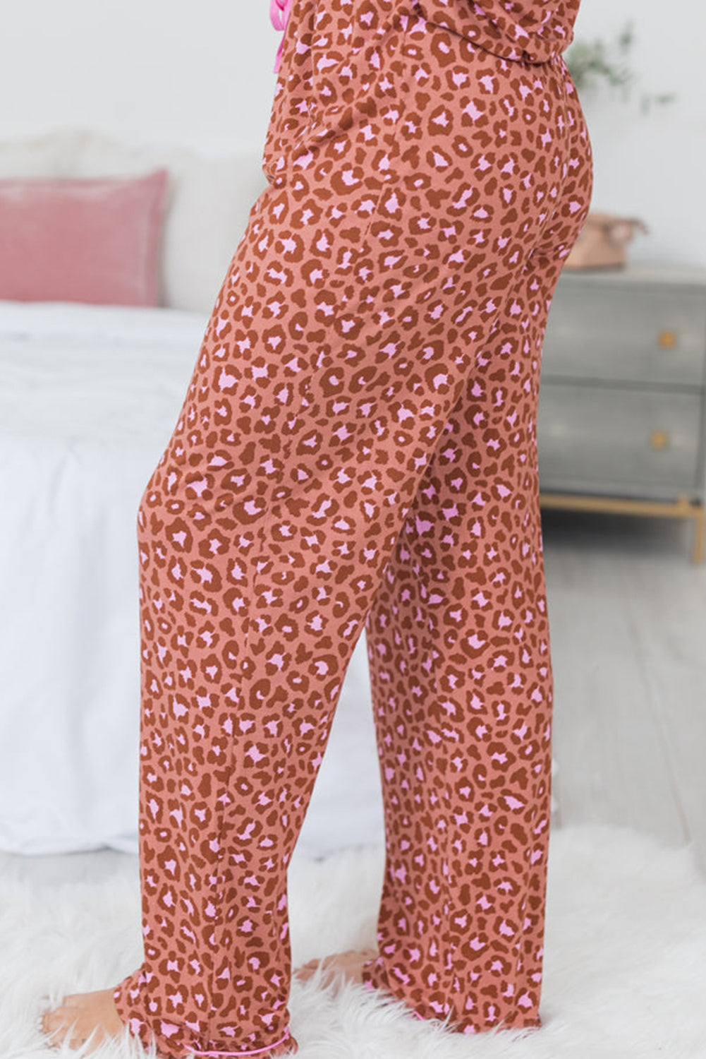 Brown Leopard Print Short Sleeve Shirt and Pants Pyjamas Set