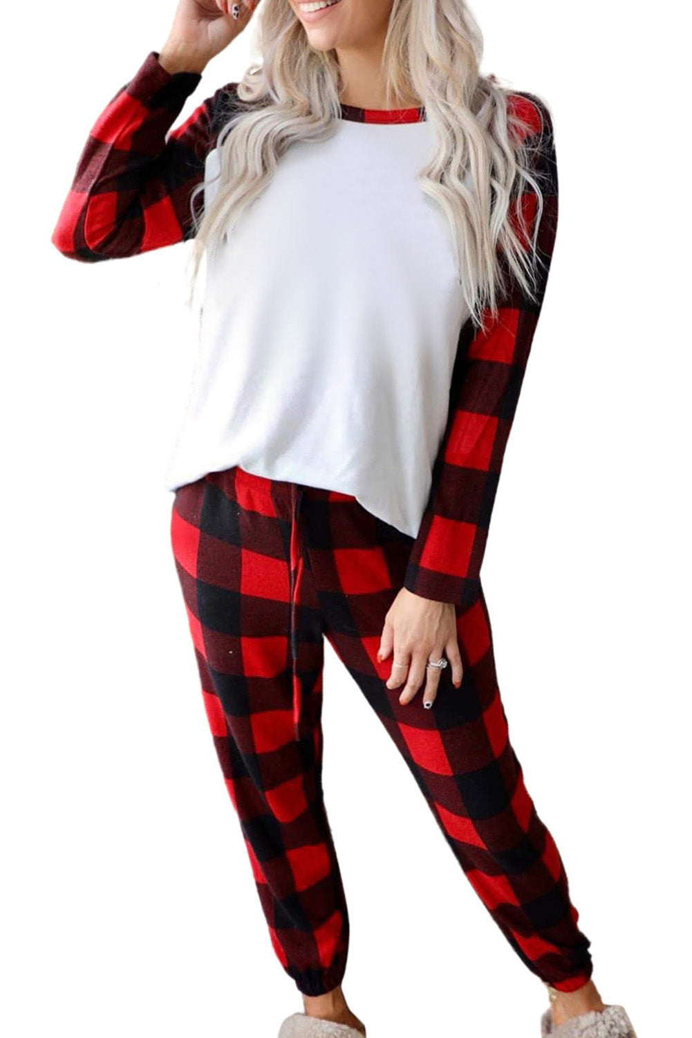 Fiery Red Plaid Raglan Sleeves Top and Drawstring Trousers Lounge Set