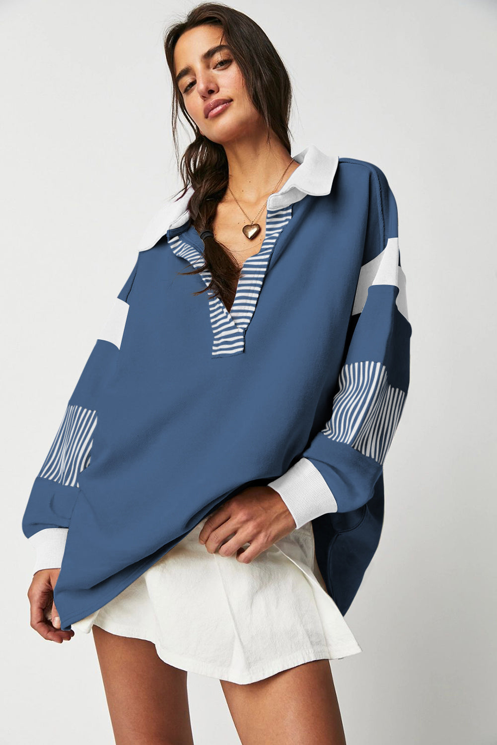 Sail Blue Striped Colourblock Patchwork Collar Sweatshirt