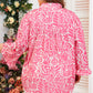 Pink Plus Size Floral Print Frilled Neck Puff Sleeve Top