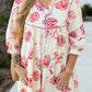 White Floral Print Lace up V Neck Balloon Sleeve Plus Size Shift Mini Dress