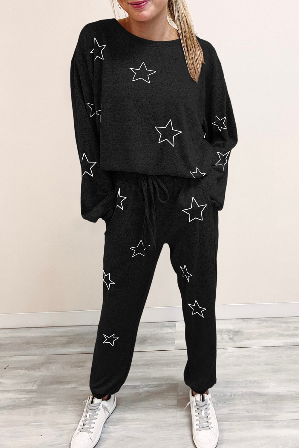 Grey Stars Print Long Sleeve Drawstring High Waist Lounge Set