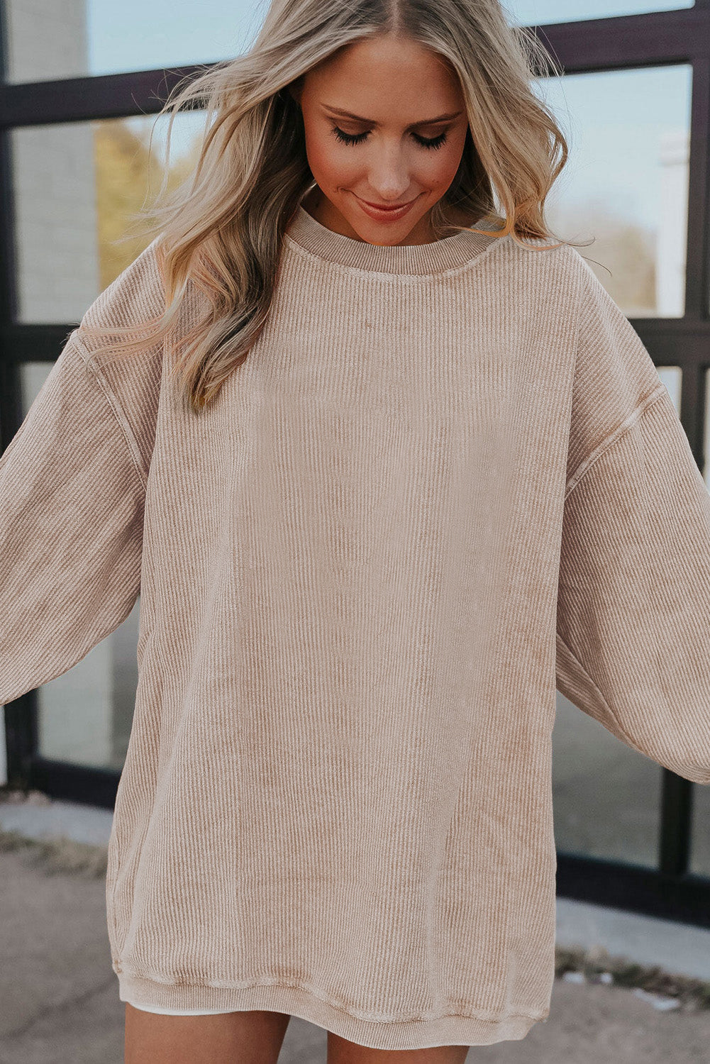 White Ribbed Corduroy Oversized Sweatshirt