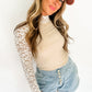 Beige Floral Lace Patchwork Long Sleeve High Neck Slim Top