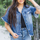 Peacock Blue Raw Edge Ruffled Short Sleeve Denim Jacket