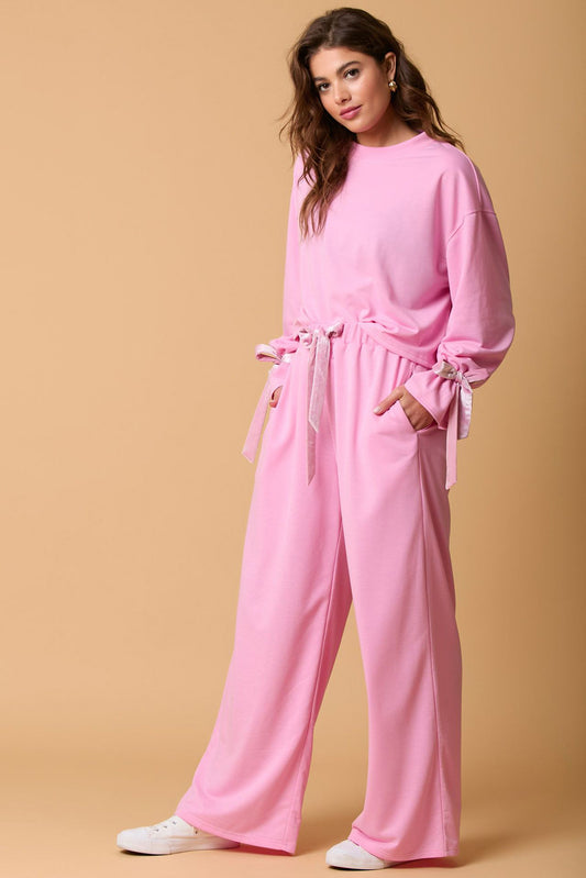 Bonbon Solid Colour Drawstring Long Sleeve Top and Trousers Set