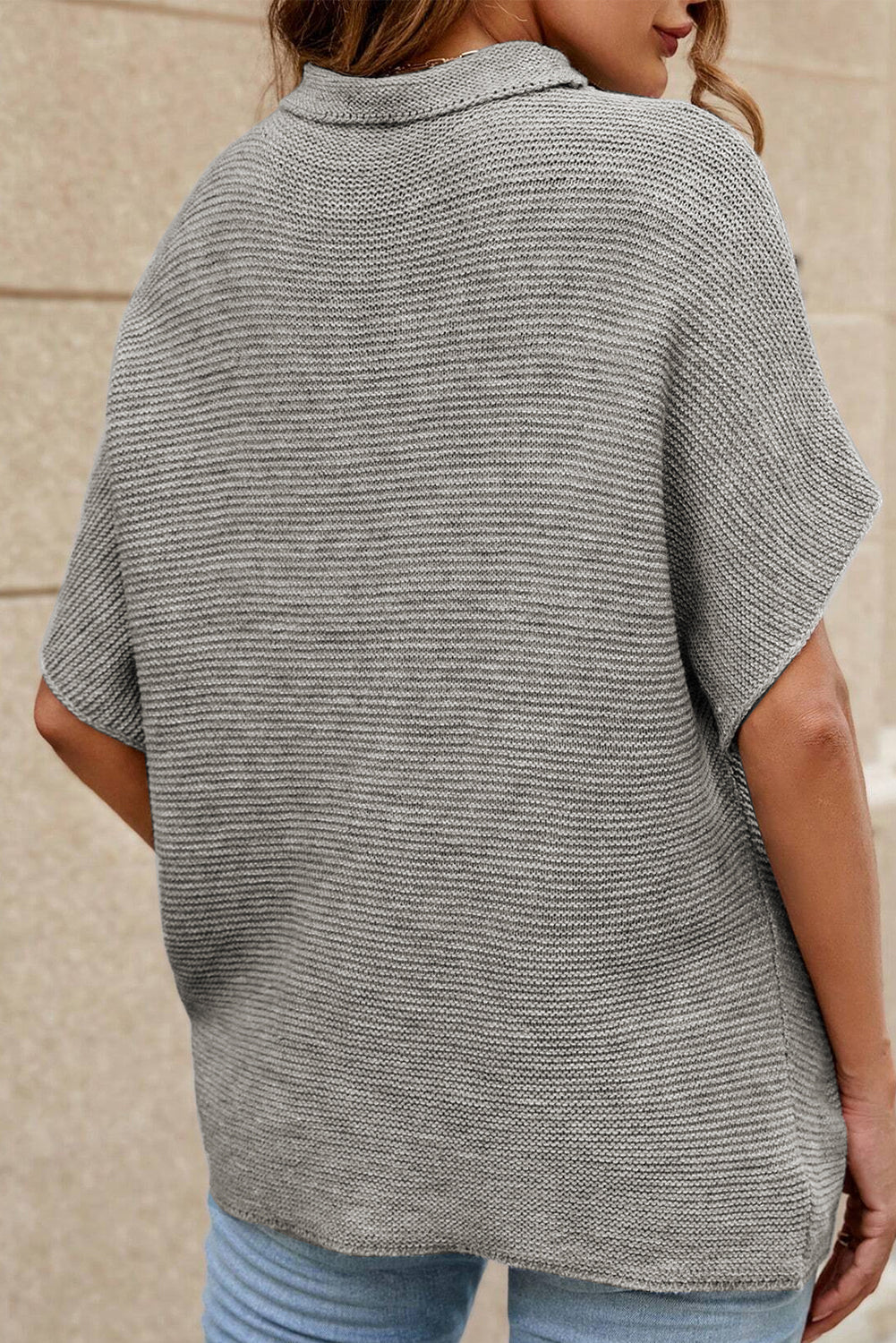 Medium Grey High Neck Short Bat Sleeve Sweater