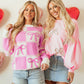 Pink Bow Knot Two Tone Checkered Crew Neck Sweater