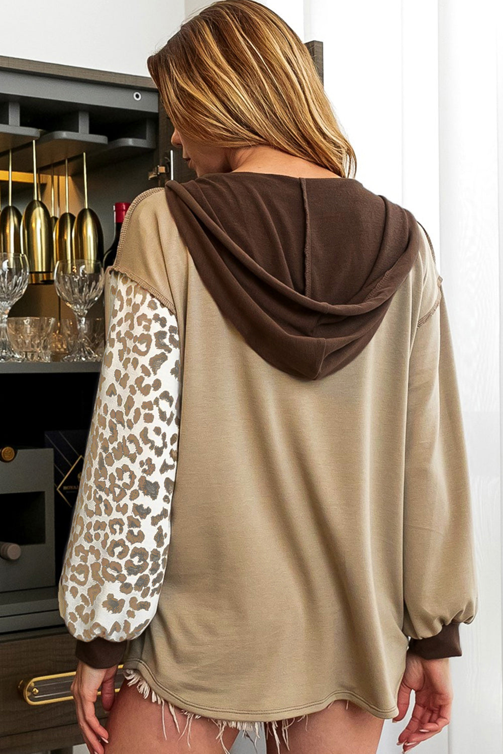 Brown Leopard Print Colorblock Chest Pocket Henley Hoodie