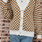 Brown Checkered Striped Patched Buttoned V Neck Cardigan