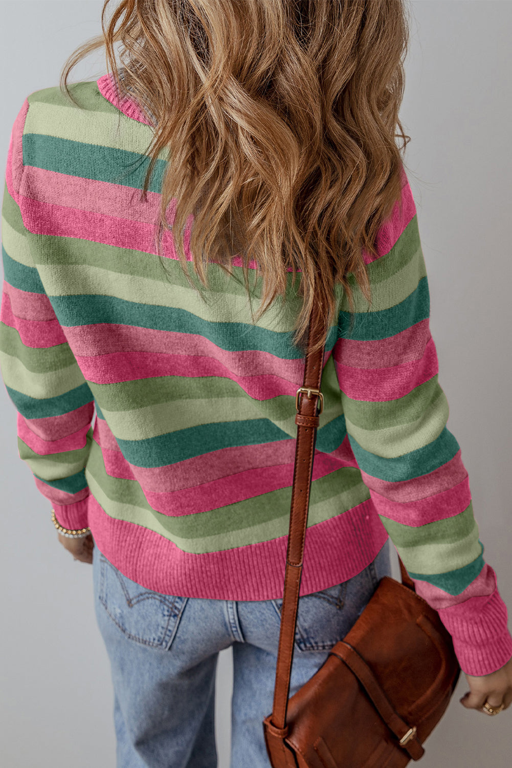 Green Colour Block Ribbed Edge Round Neck Sweater