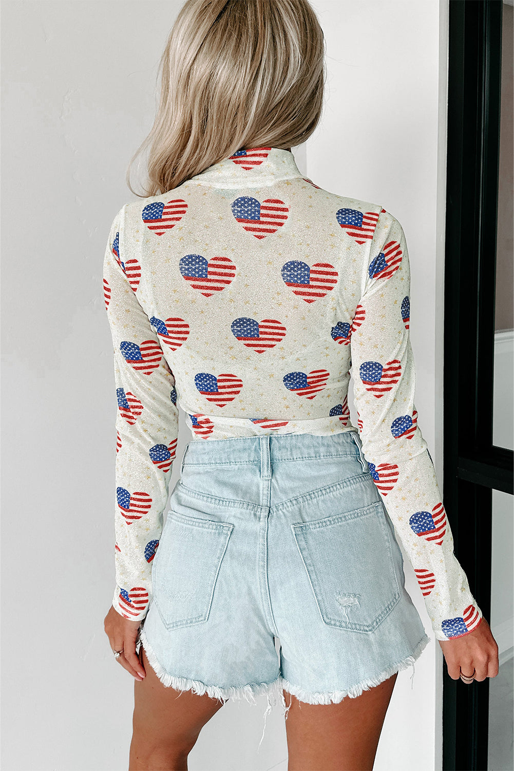 White Americana Glitter Mesh Long Sleeve Bodysuit