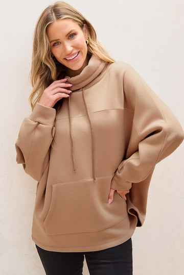 Light French Beige Drawstring Turtleneck Dolman Sleeve Sweatshirt