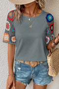 Turquoise Floral Crochet Short Sleeve Top - BB Fashion Outlet