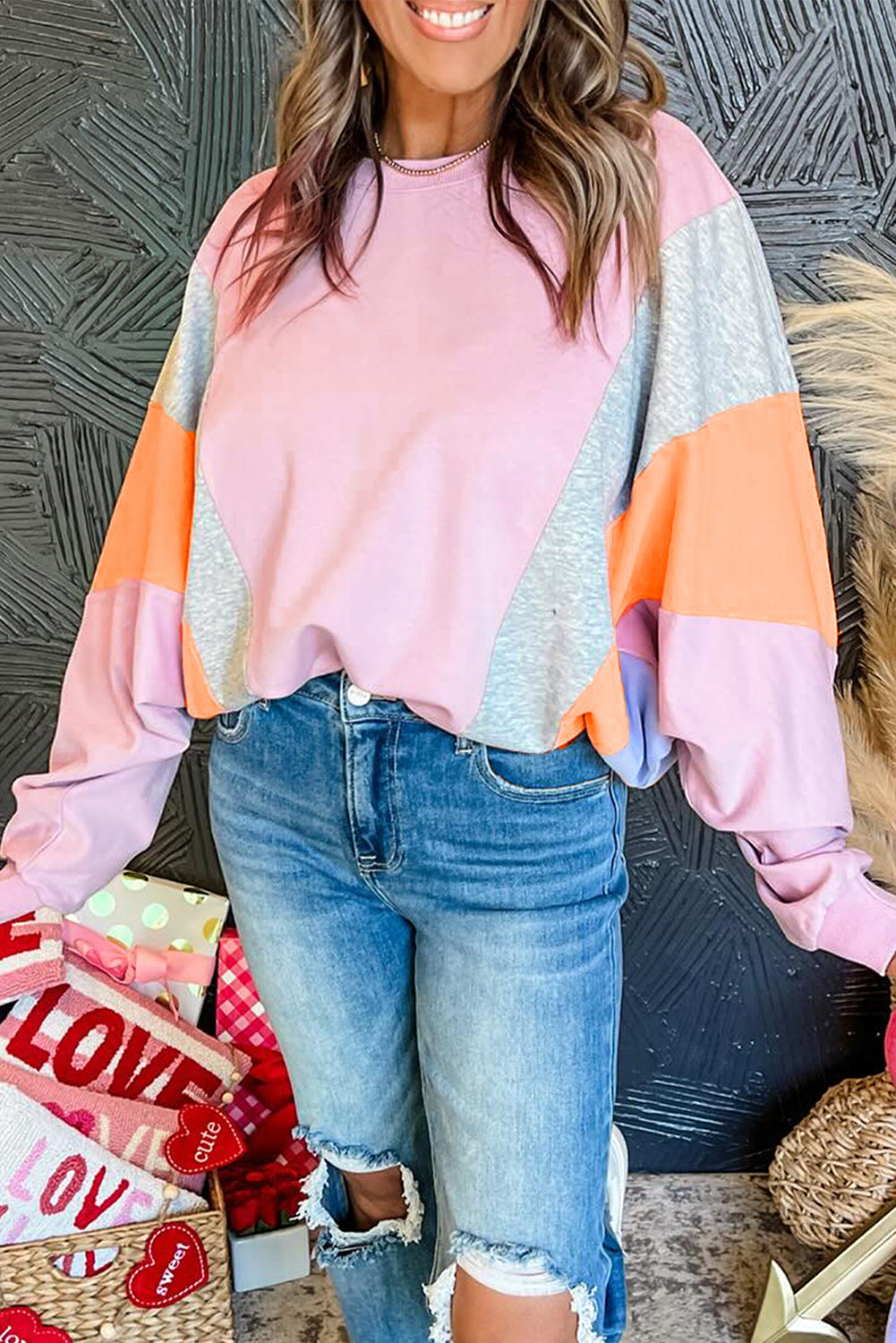 Light Pink Colour Block Batwing Sleeve Loose Fit Sweatshirt