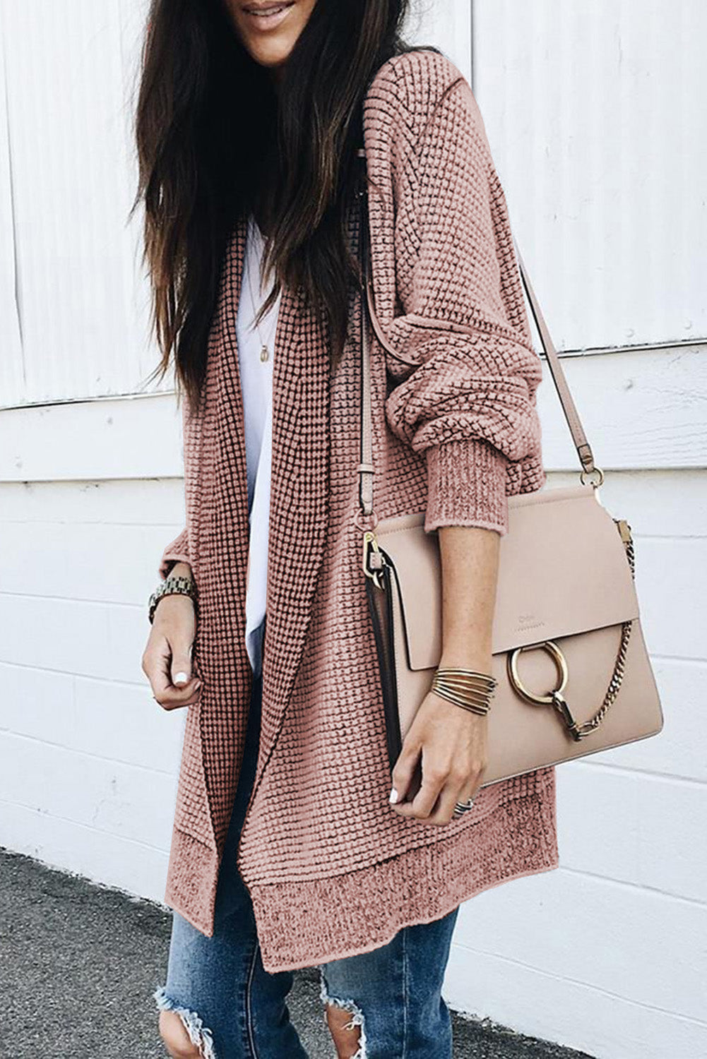 Rose Plaid Knitted Long Open Front Cardigan