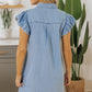 Beau Blue Flutter Sleeve Shirred Detail Button Up Denim Mini Dress