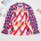 Rose Red Abstract Geometric Pattern Patchwork Puff Sleeve Blouse