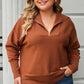 Brown Solid Ribbed Trim Plus Size Zip Collar Sweater