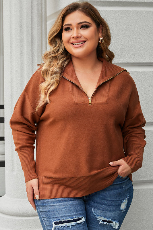 Brown Solid Ribbed Trim Plus Size Zip Collar Sweater