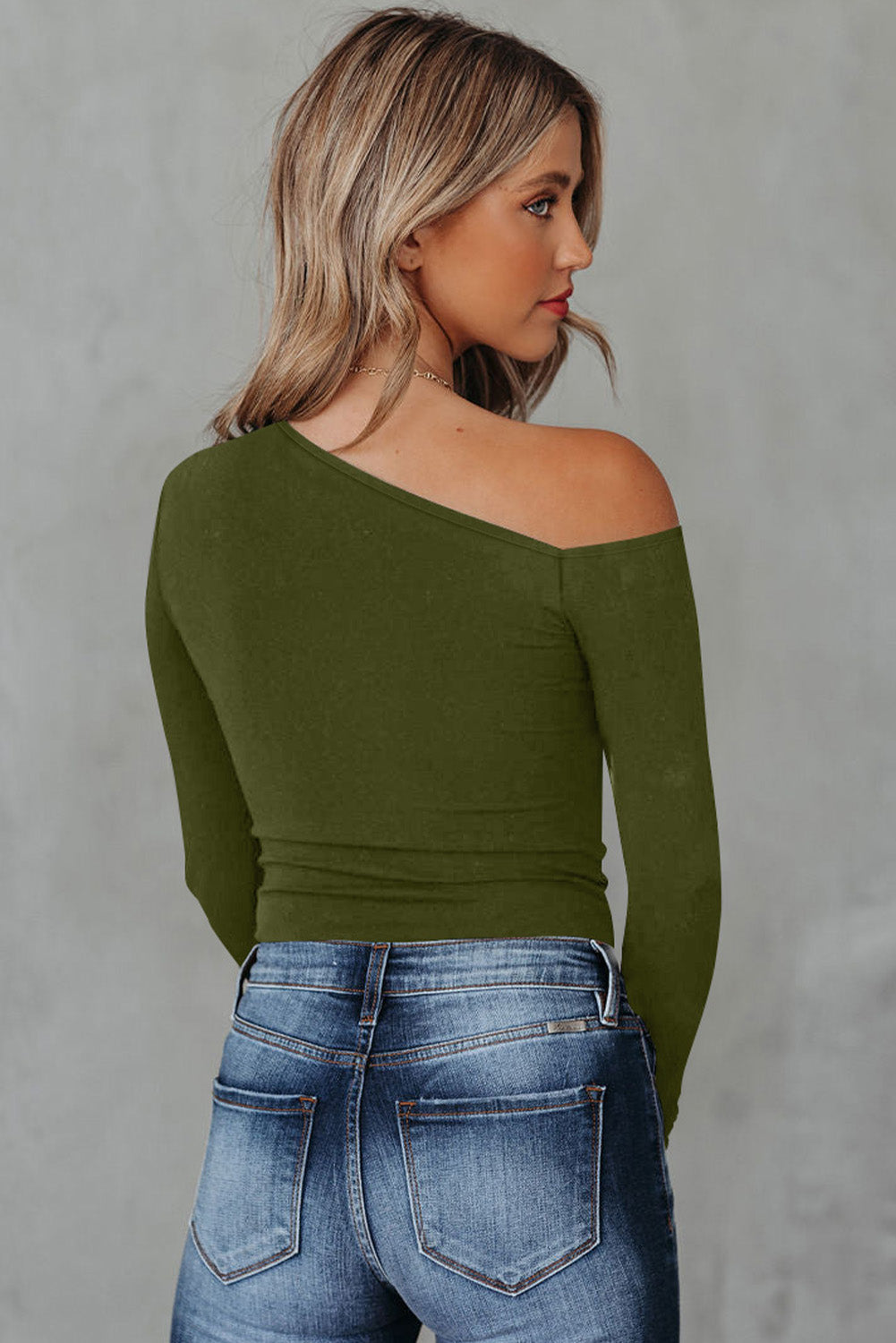 Green Asymmetrical Neckline Long Sleeve Knit Top