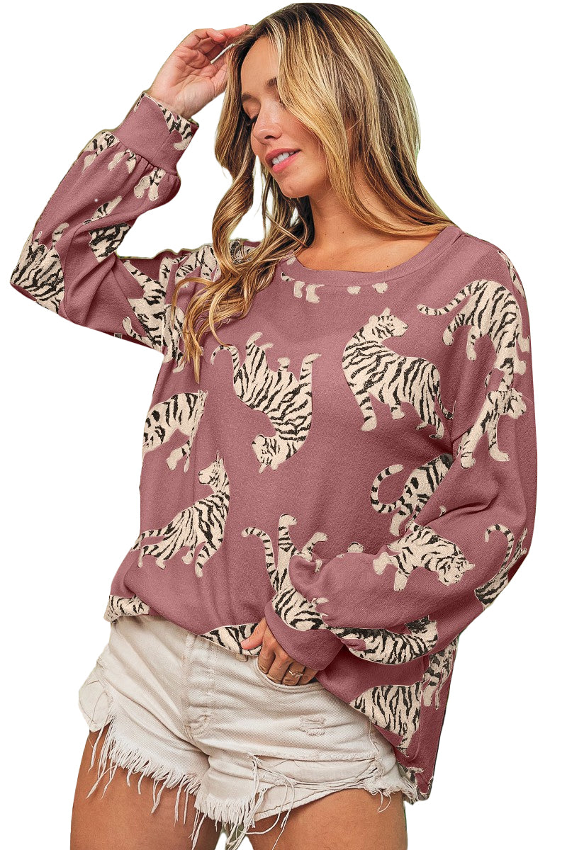 White Lively Tiger Print Casual Sweatshirt