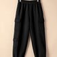 Black Solid Multi Pockets Elastic High Waist Active Pants