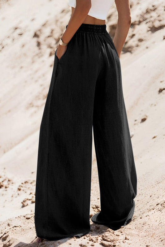 Black Drawstring High Waist Wide Leg Denim Trousers