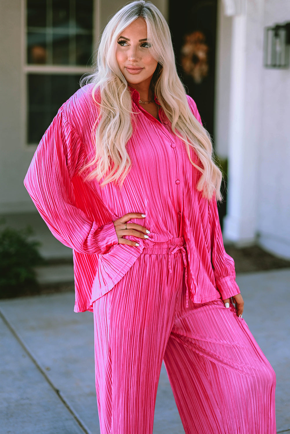 Rose Pleated Long Sleeve Shirt and Wide-Leg Trousers Set