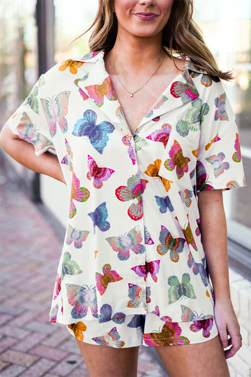 Multicolour Butterfly Pattern Short Sleeve Shirt Pyjamass Set