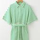 Green Stripe Textured Short Sleeve Collared Buttoned Waist Tie Romper