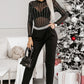 Black Rhinestone Decor Striped Mesh Long Sleeve Bodysuit