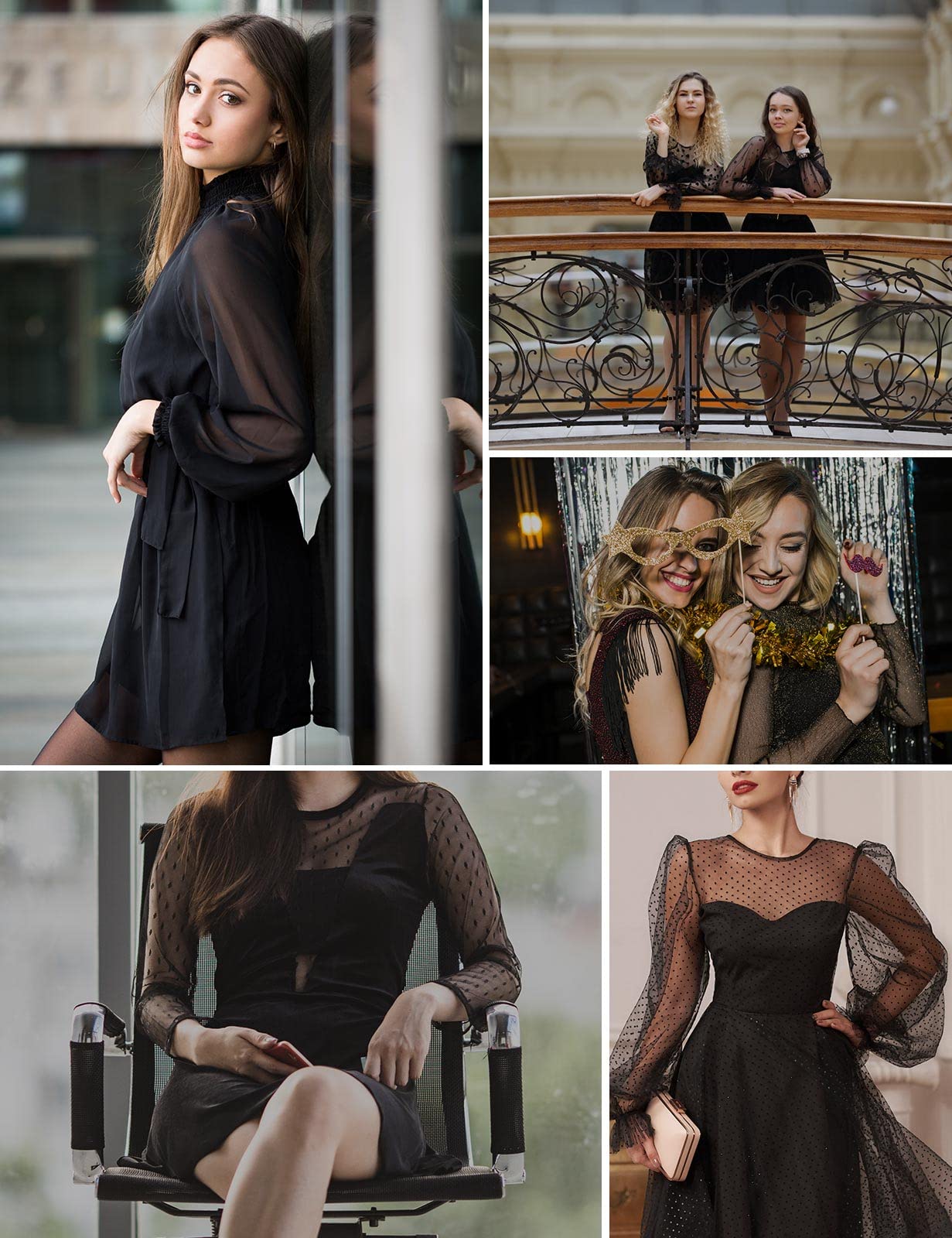 Long Sleeve Mesh Black Dress A-Line