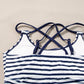 Blue Stripe Drawstring Tummy Control Mix-and-match 2pcs Tankini Swimsuit