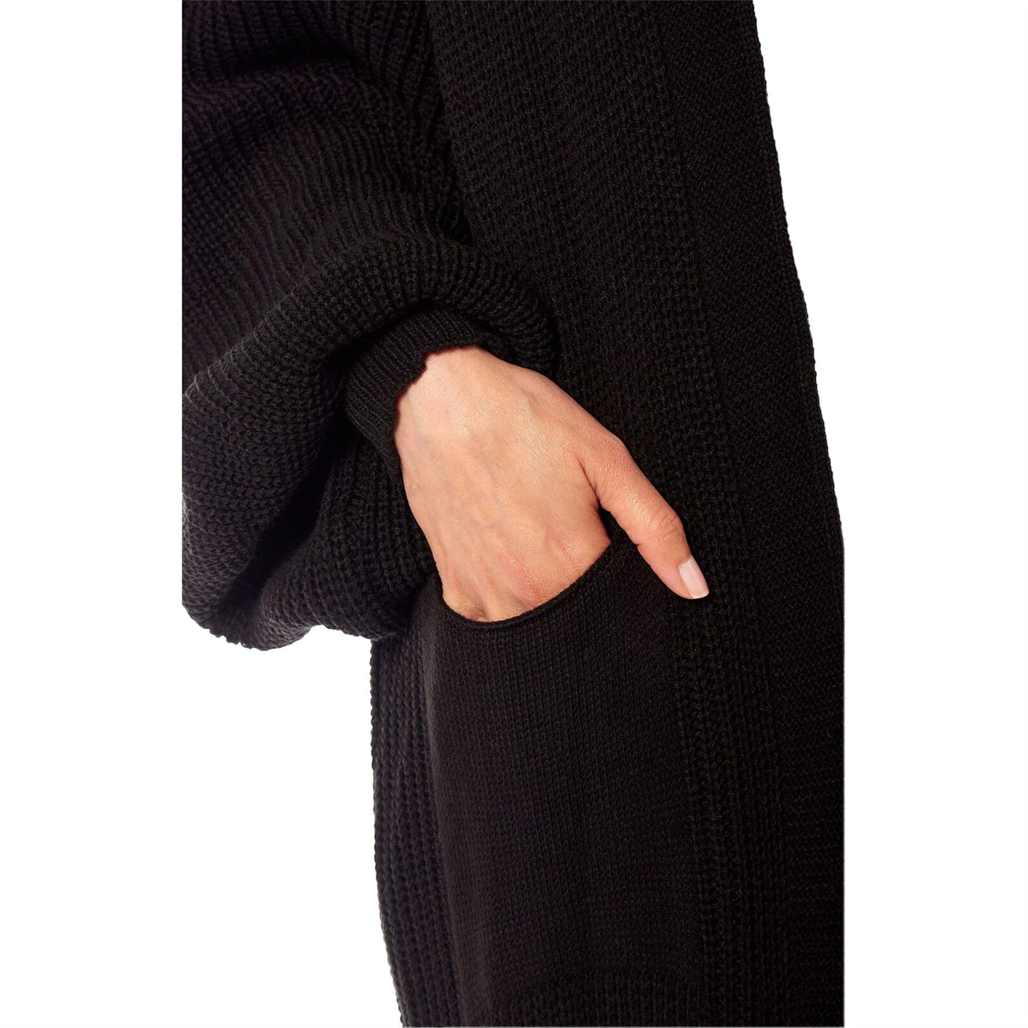 Oversized Long Cardigan Balloon Sleeve Chunky Rib Open Knit Pockets