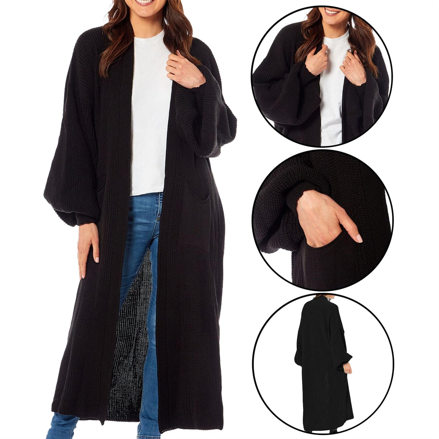 Oversized Long Cardigan Balloon Sleeve Chunky Rib Open Knit Pockets