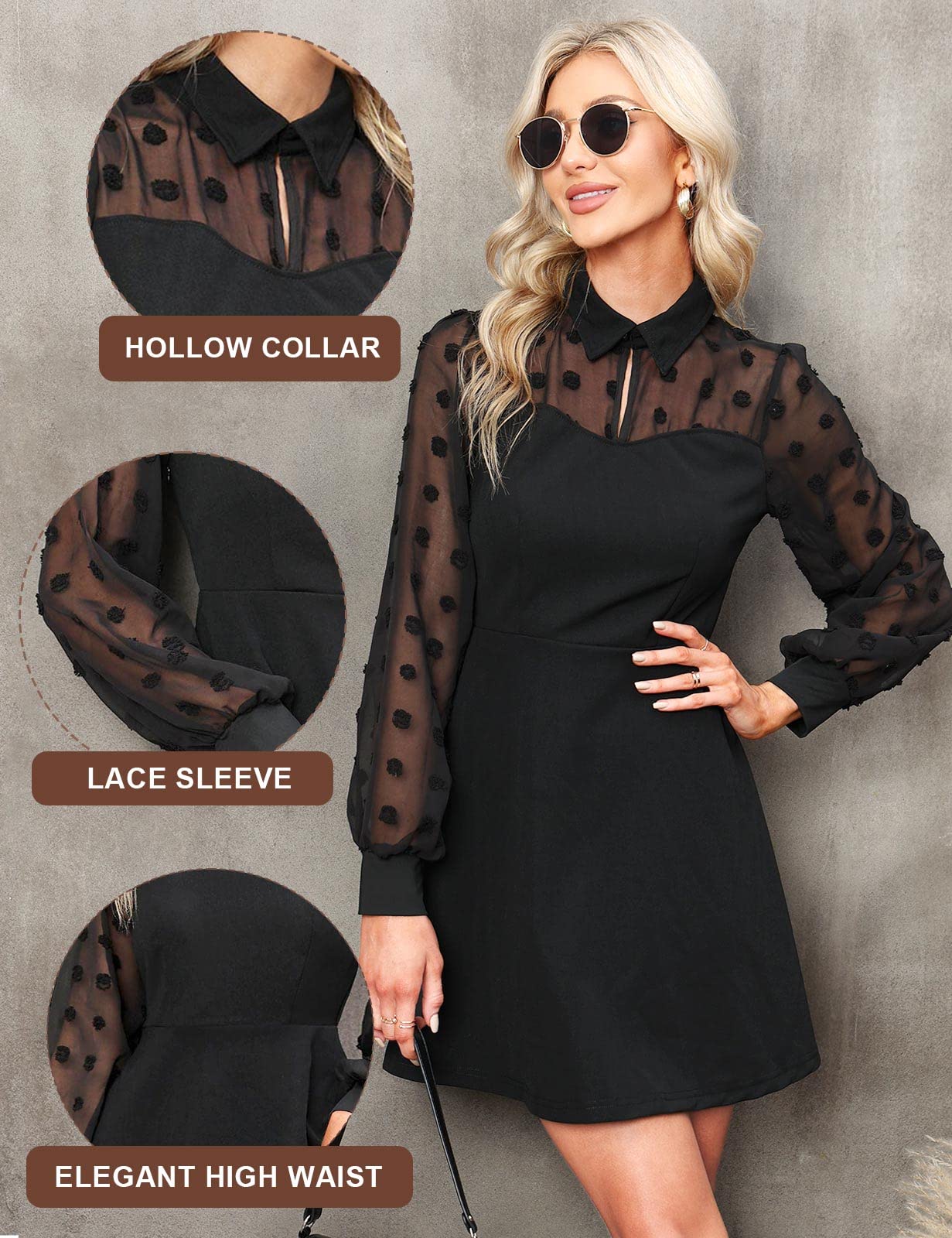 Long Sleeve Mesh Black Dress A-Line