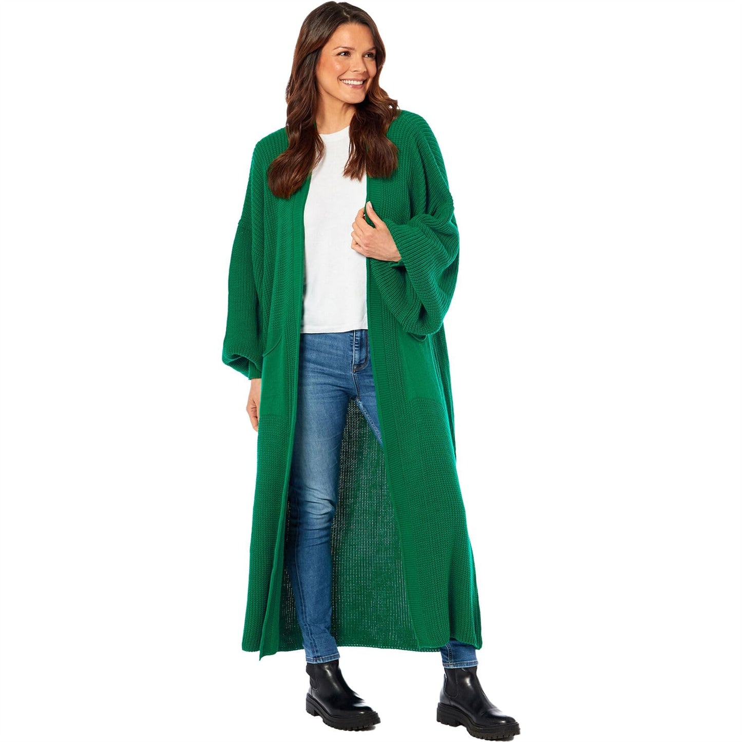 Oversized Long Cardigan Balloon Sleeve Chunky Rib Open Knit Pockets