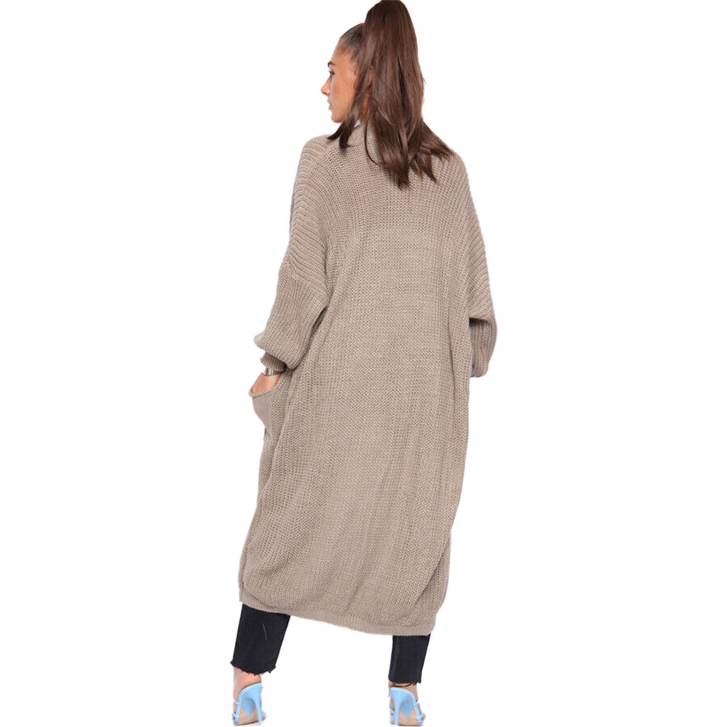 Oversized Long Cardigan Balloon Sleeve Chunky Rib Open Knit Pockets