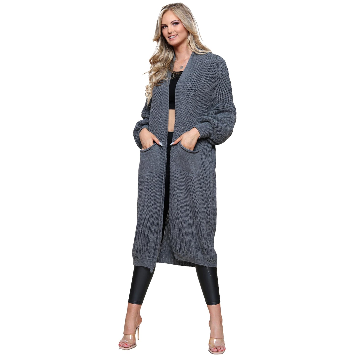 Oversized Long Cardigan Balloon Sleeve Chunky Rib Open Knit Pockets