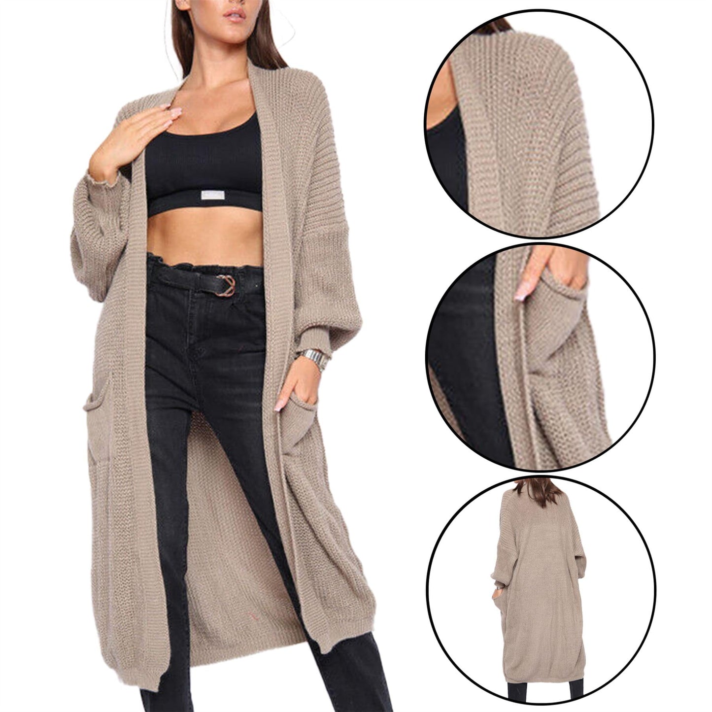 Oversized Long Cardigan Balloon Sleeve Chunky Rib Open Knit Pockets