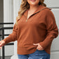 Brown Solid Ribbed Trim Plus Size Zip Collar Sweater