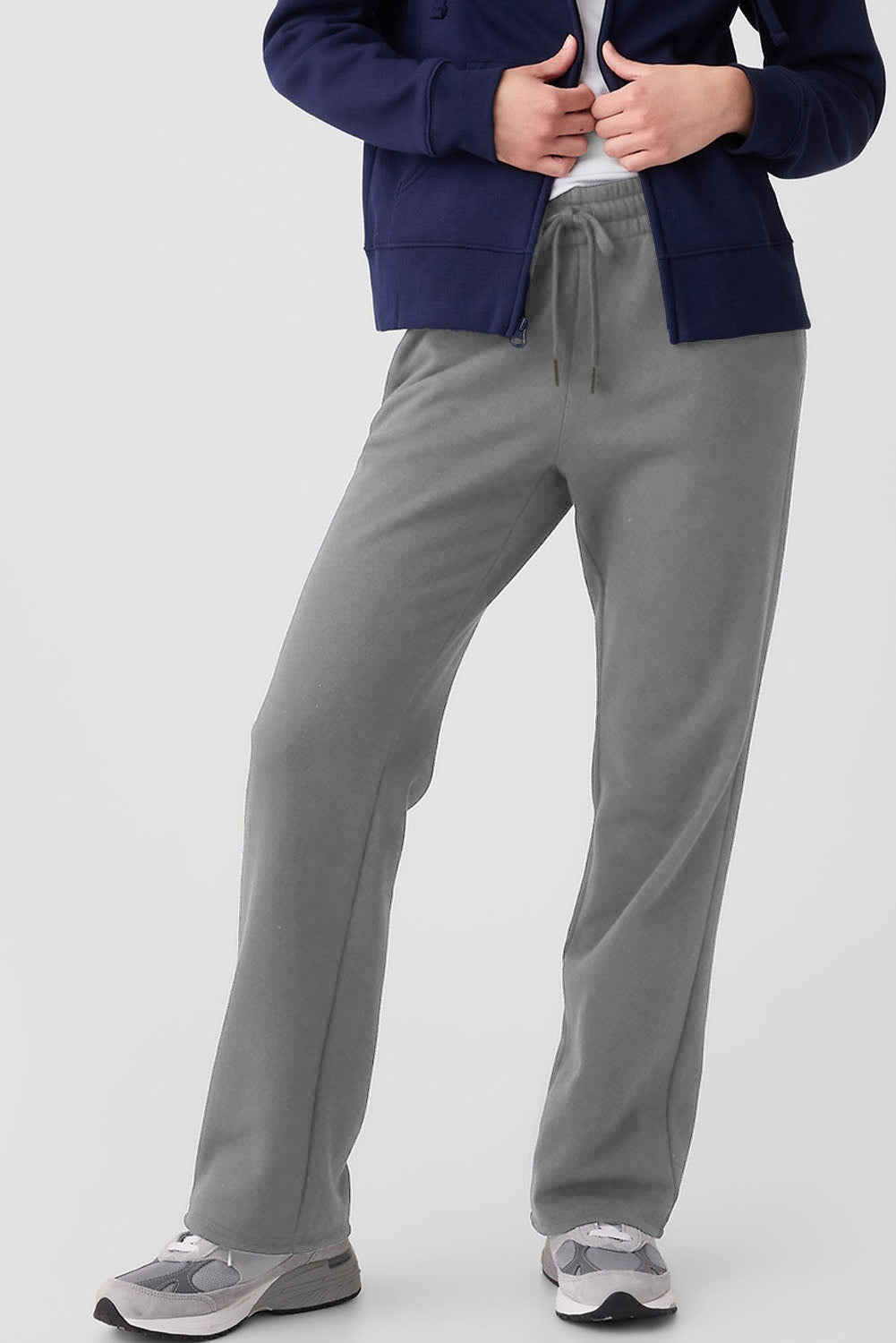 Navy Blue Solid Colour Fleece Lined Drawstring Waist Casual Trousers